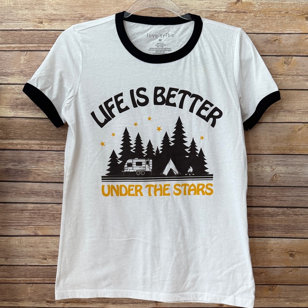 Love Tribe White Tee with Camping Stars Graphic
